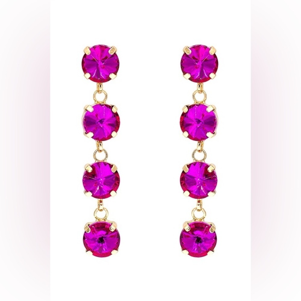NEW JEWELRY ARRIVAL FOUR RHINESTONE DROP DANGLING EARRINGS-FUCHSIA